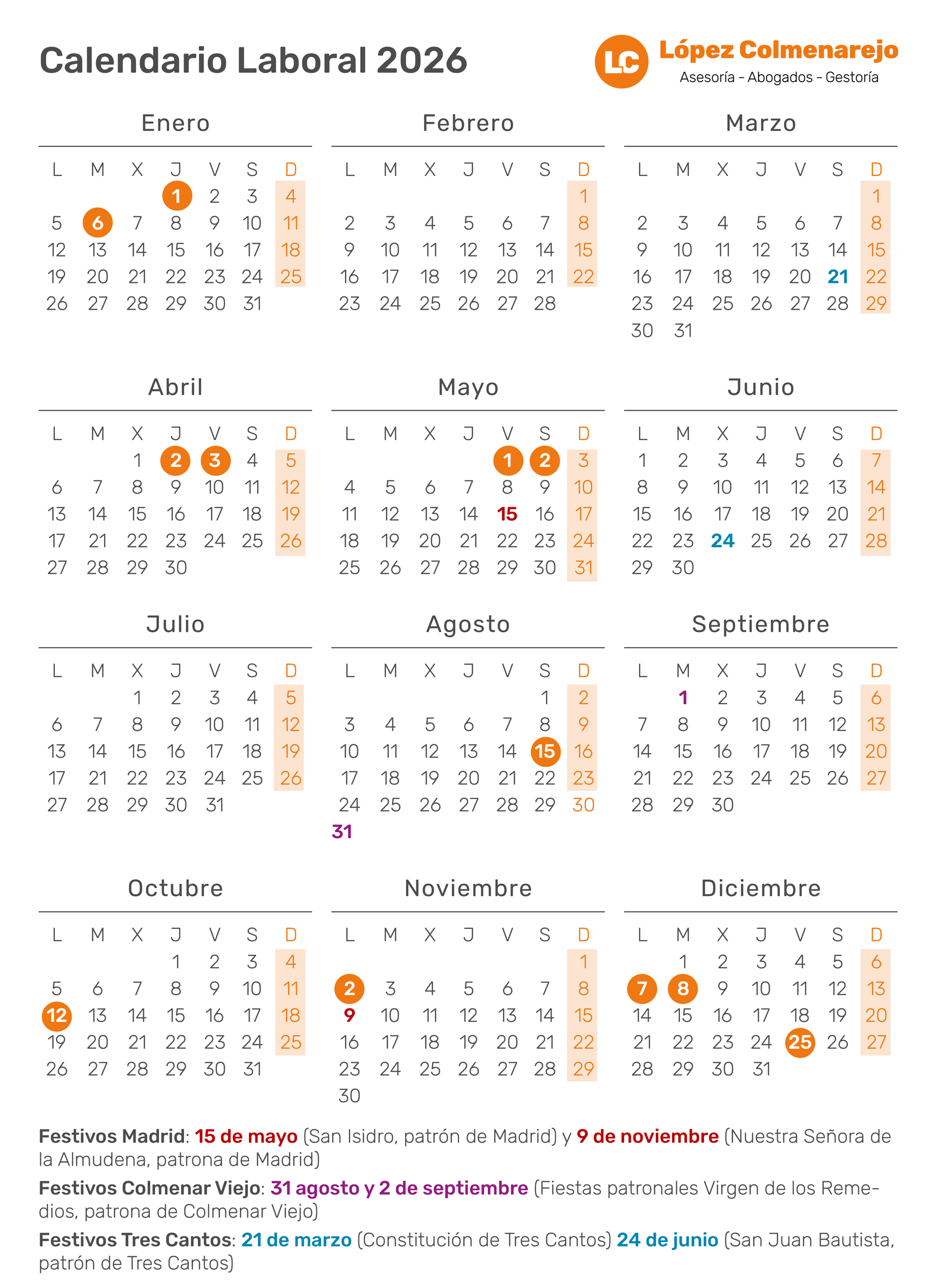 Calendario laboral 2026 en Madrid: festivos y días locales