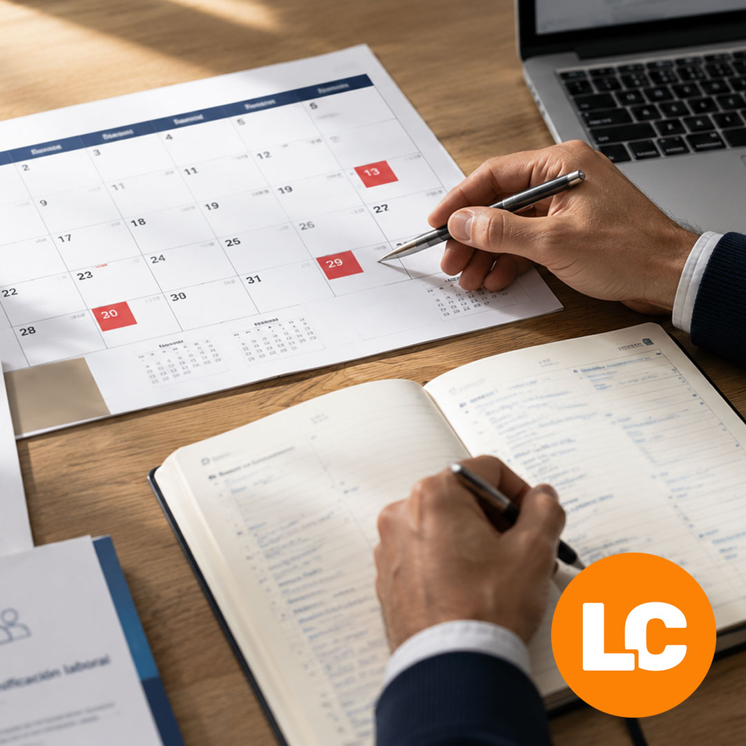 Responsable de recursos humanos revisando un calendario laboral con un día festivo señalado durante la planificación de la jornada de trabajo.